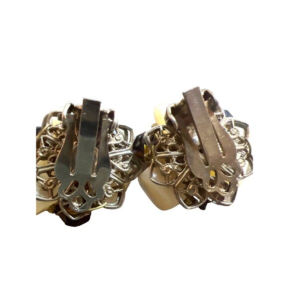 Vintage Clip-on Earrings AB MOP Haskell Era Filagree Back Smoky Quartz Look - Picture 14 of 16